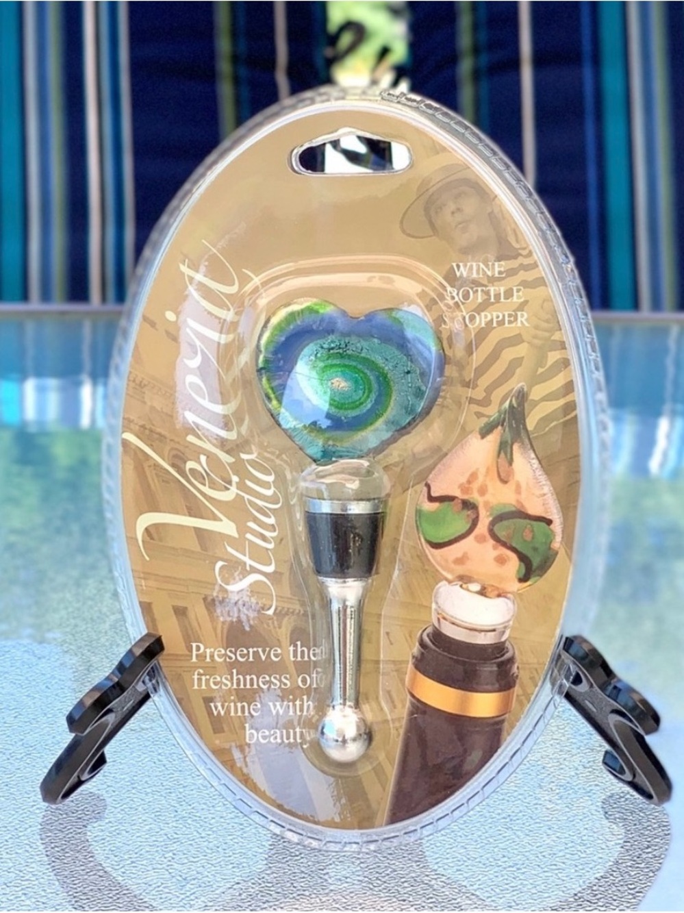 Venezia Studios Shimmery Blue and Green Swirl Heart Glass Wine Bottle Stopper
